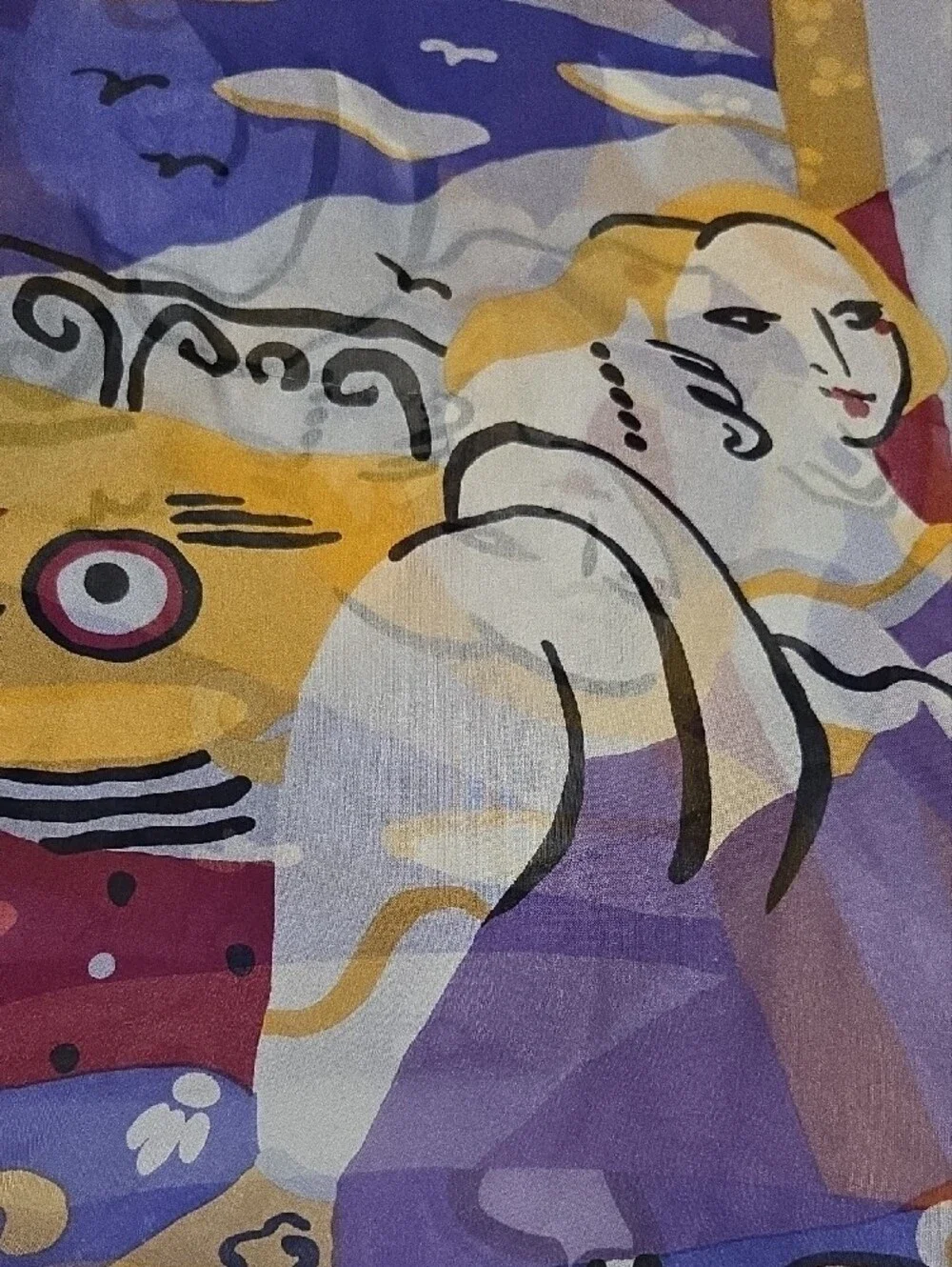 Vintage Zazou Luxe 100% Silk Scarf Chiffon Abstract Cubist Art Graphic Purple Ye